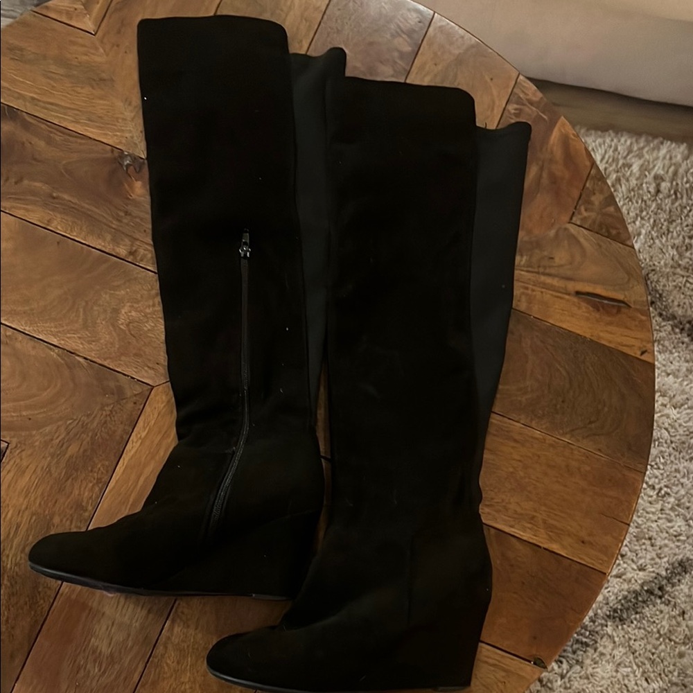 Black Suede Knee-High Wedge Boots